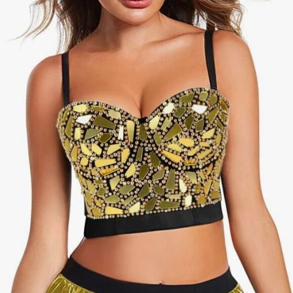 Corset Pearls Rhinestone Sequin Bustier Tops Party Push up Bra, Small - Picture 1 of 8